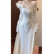 批发法式优雅气质浪漫蕾丝拼接立体花朵<b class='q'>连衣裙</b>收腰鱼尾长裙9848