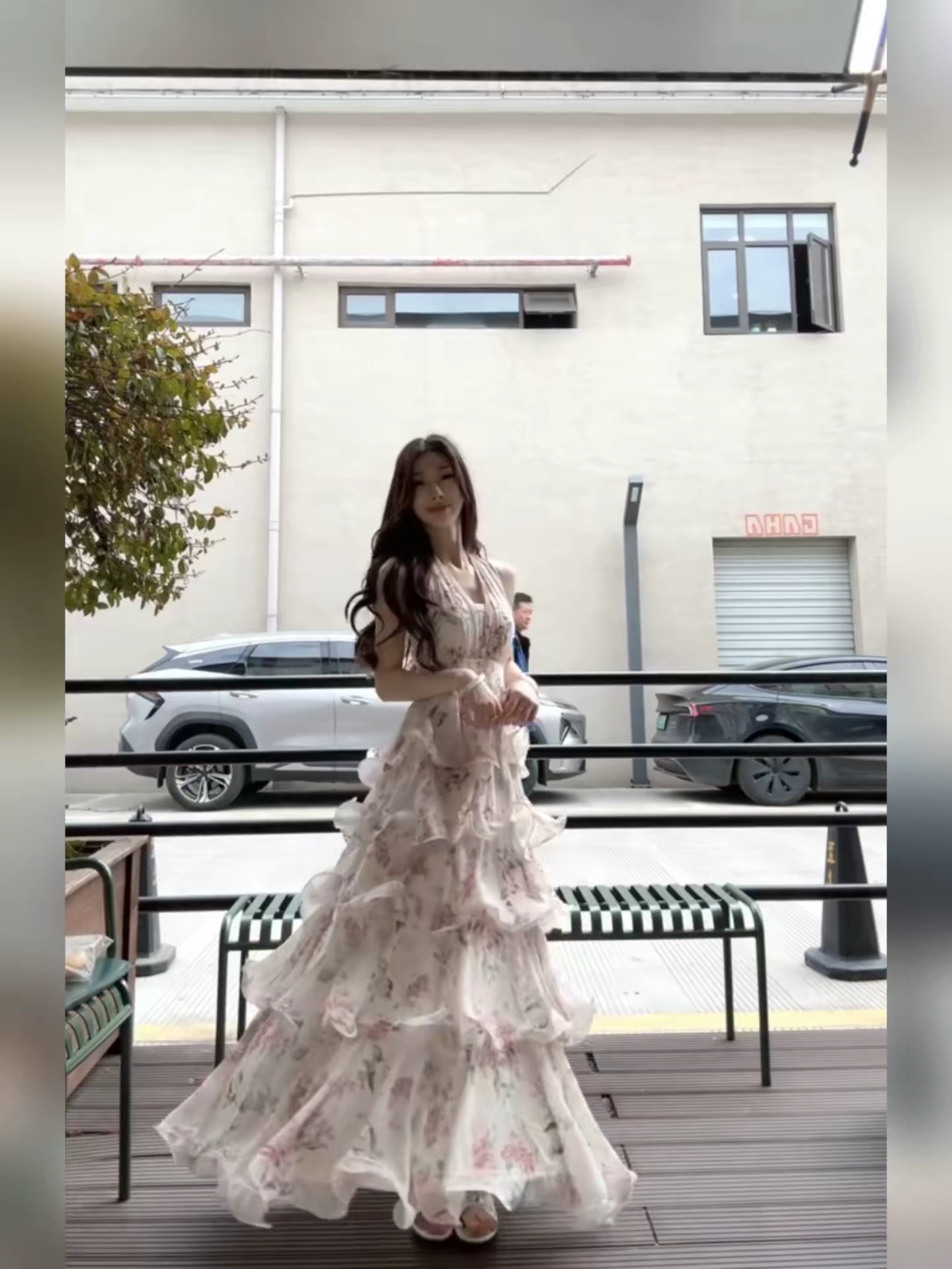 이슬 장미 정원 프랑스식 휴가 바람 프린트 행침 목 쉬폰 케이크 롱 스커트 여성 V넥 드레스