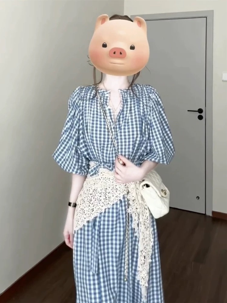 순수한 하얀 달빛 달콤한 스타일 파란색 체크무늬 여성 드레스 여름 일본식 미니멀리즘 학원 스타일 작은 키 요정 치마