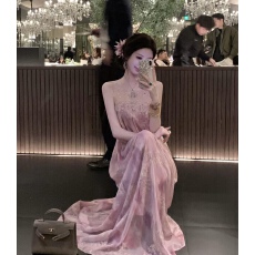 批发Sun雅乔【富贵花】初夏新款烫钻网纱拼接金线绣花晕染无袖连衣裙