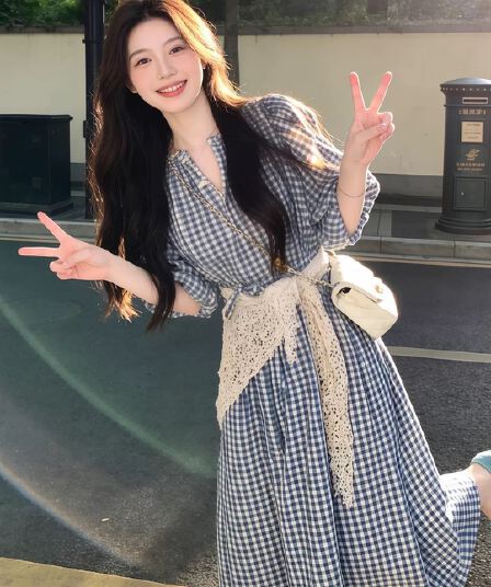 순수한 하얀 달빛 달콤한 스타일 파란색 체크무늬 여성 드레스 여름 일본식 미니멀리즘 학원 스타일 작은 키 요정 치마