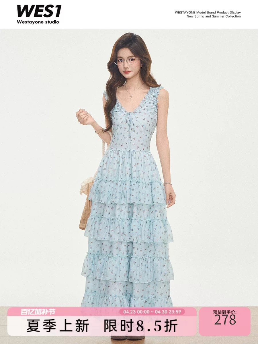 4.3 신제품 westayone 박하 녹색 꽃무늬 여성 드레스 여름 2026 새로운 작은 키 롱 스커트