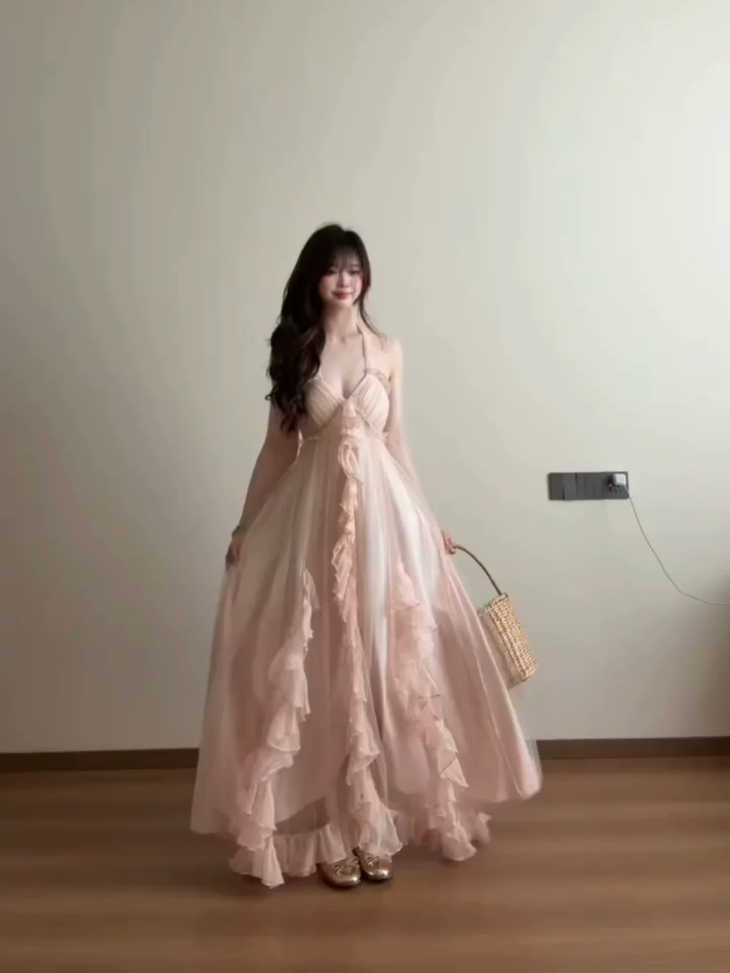 부드러운 휴가 바람 부드러운 핑크색 Tulle 드레스 요정 가스 우아한 망사 아침 로브 롱 스커트 해변가 휴가 슈퍼 요정