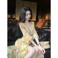 批发Sun雅乔【吉维尼花园】夏季海边度假灯笼袖水彩晕染油画连衣长裙