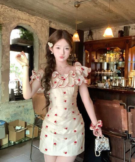 acaine5 6 이전 네 시간 10 % 할인 장미 수선화 계단 프릴 장미 자수 드레스