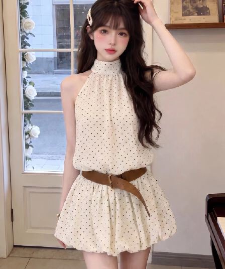 프랑스식 달콤한 스타일 도트 무늬 행침 목 여성 드레스 여름 섹션 고급 센스 민소매 허리 수축 슬림해 보이는 품격 A라인 스커트