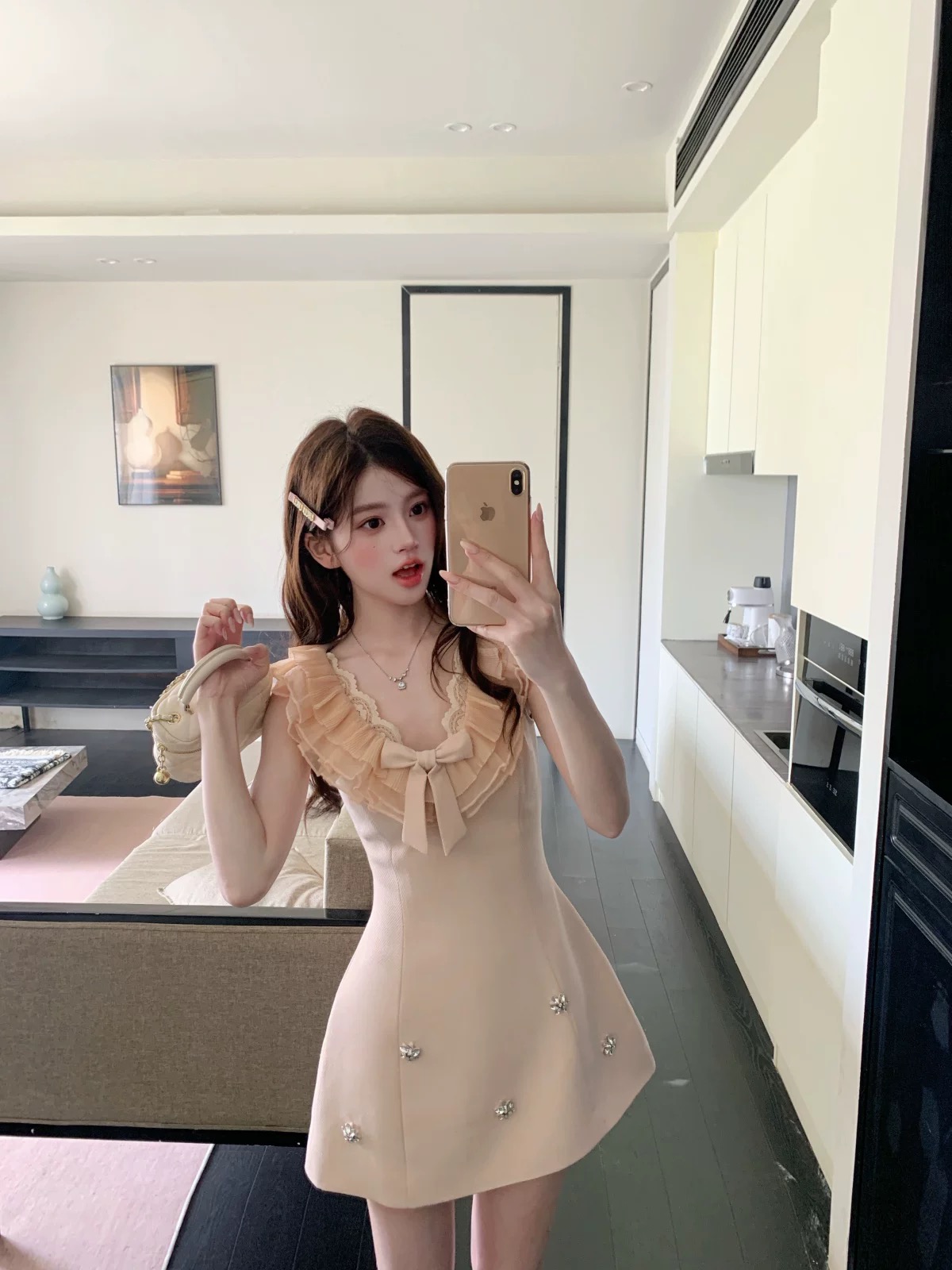 기타 한 작은 물고기 musefish 분말 안개 프랑스식 천 금빛 바람 레이스 측면 무거운 작업 드레스 허리 수축 한 마디 미니 스커트