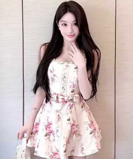 우유 화이트 장미 품격 패션 슬립 민소매 드레스 꼬집기 허리 슬림해 보이는 작은 대중 디자인 센스 아름다운 연령 감소 미니 스커트