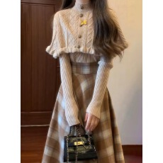 批发2026秋冬季新款针织格纹半身连衣裙子套装巨好看长裙穿搭一整套女
