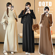 批发实拍2026孕妇春装套装时尚流苏马甲+连衣裙针织两件套