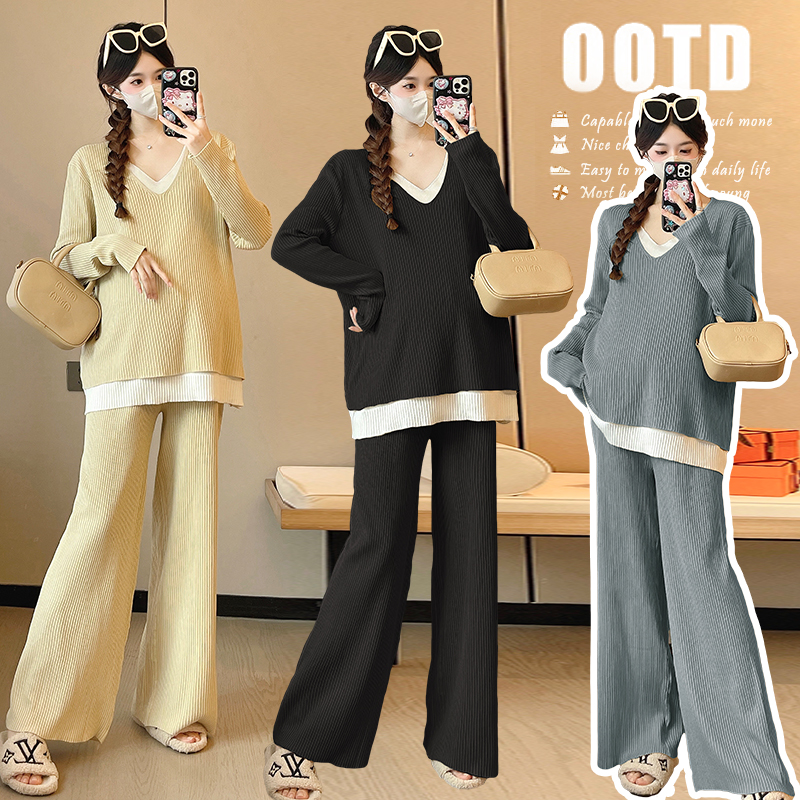 실사 2026 봄 드레스 새로운 페이크 레이어드 패치워크 니트 느긋한 바람 와이드 레그 팬츠 어린이 임산부 투피스 세트