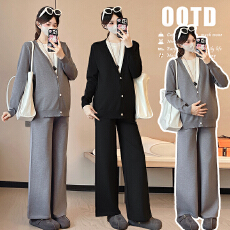 批发实拍~2026春装新款慵懒风假两件上衣+阔腿裤孕妇装两件套