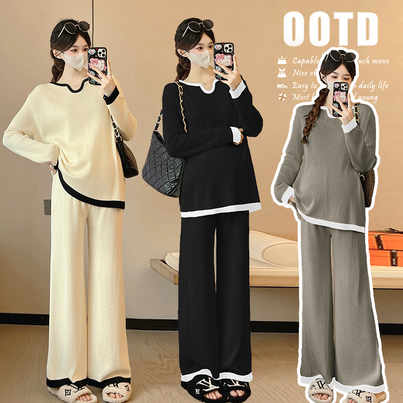 실사 2026 봄 드레스 새로운 출산 착용 루즈핏 페이크 레이어드 V넥 배색 느긋한 바람 투피스 세트