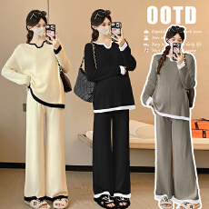 批发实拍~2026春装新款孕妇装宽松假两件v领撞色慵懒风两件套