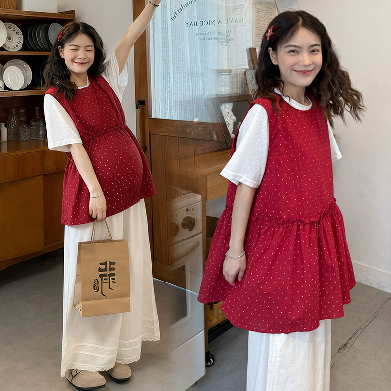 실사 2026 여름 드레스 새로운 빨간색 도트 무늬 조끼 반팔 바지 3종 세트