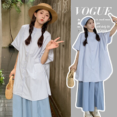 批发实拍2026夏款孕妇简约<b class='q'>中长款</b>立领短袖衬衫