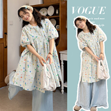 实拍2026夏款孕妇彩点短袖衬衫阔腿裤套装