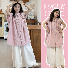 实拍2026夏款复古宽松短袖衬衫+阔腿裤套装