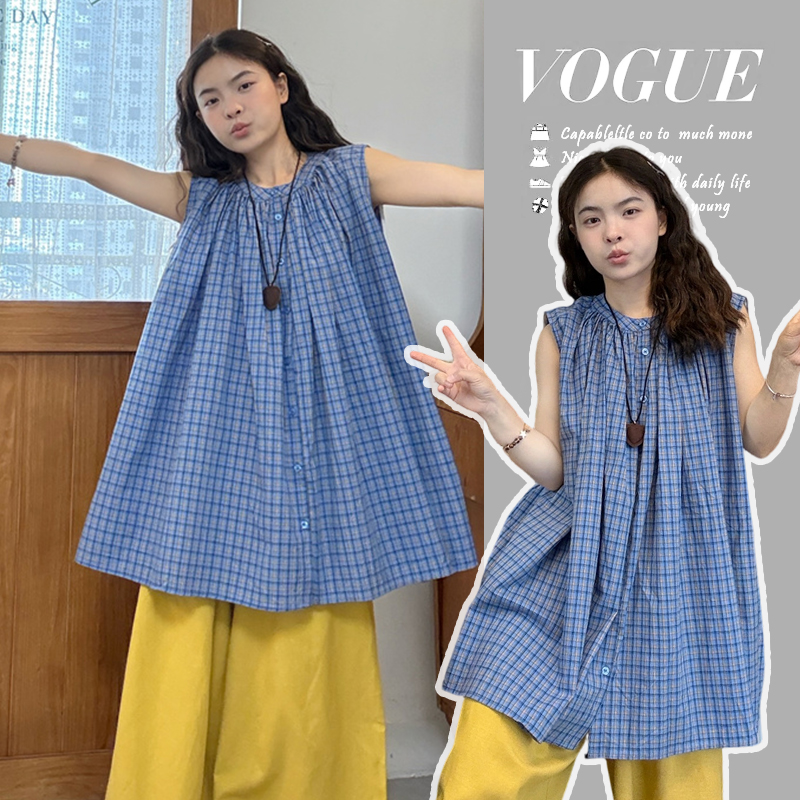 실사 2026 여름 드레스 새로운 파란색 라운드 넥 민소매 셔츠 출산 착용