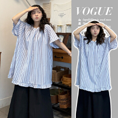 批发实拍2026<b class='q'>夏</b>装新款条纹宽松短袖衬衫孕妇装