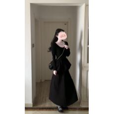 批发法式气质黑色长袖花苞连衣裙女春秋新款轻奢风高级感收腰显瘦长裙