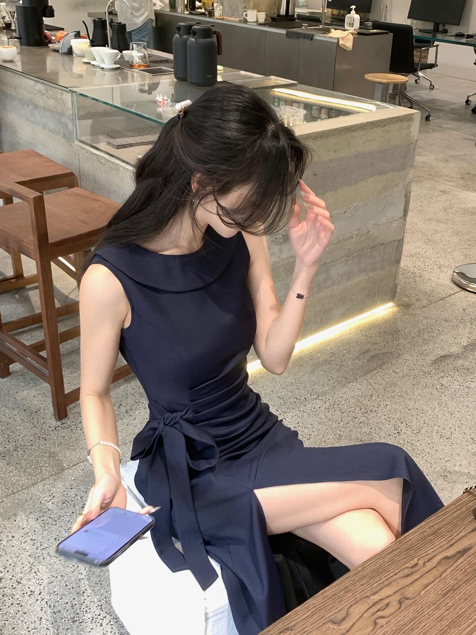 해군 여성 드레스 여름 빛 럭셔리 작은 대중 아니요 명중 섹션 고급 센스 프랑스식 품격 꼬집기 허리 자이언트 잘 생긴 길다 치마
