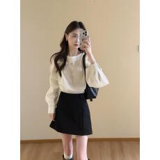 批发巨好看的法式新款气质白色镂空系带露肩长袖衬衫女高腰A字<b class='q'>半身裙</b>