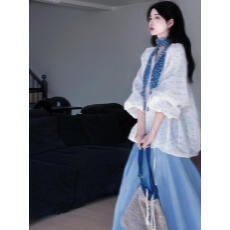 批发2026温柔气质风一整套穿搭<b class='q'>波点</b>系带宽松<b class='q'>衬衫</b>女搭配蓝色高腰半身裙