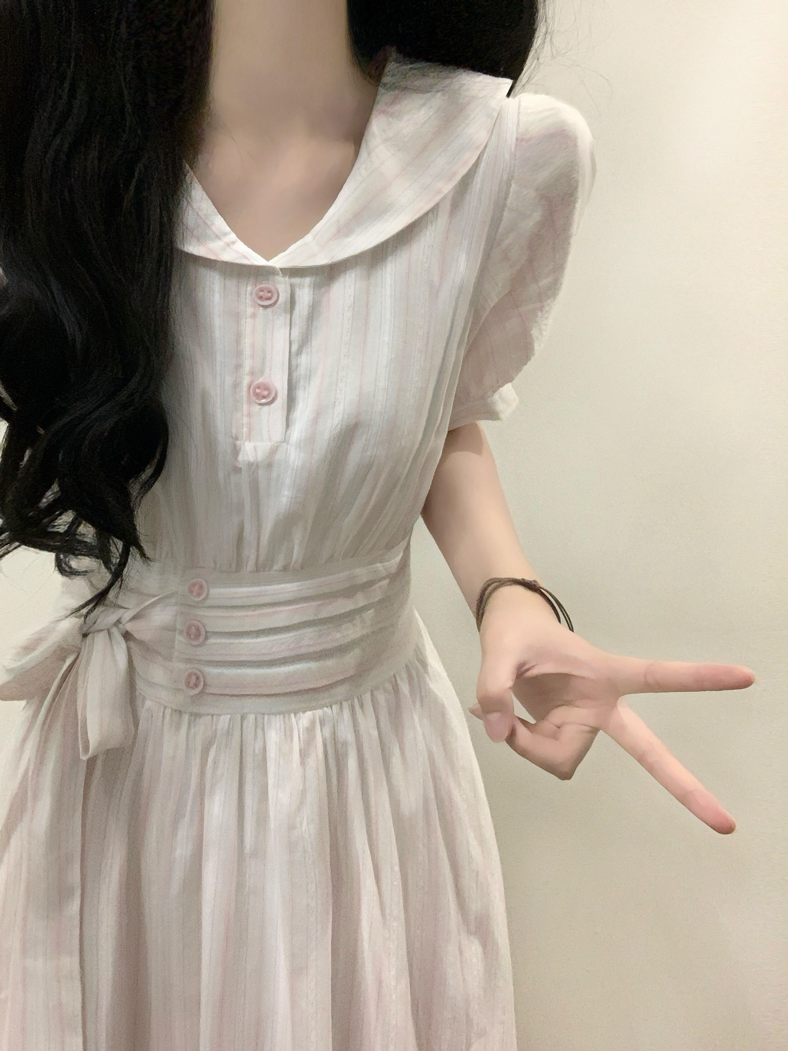 핑크색 부드러운 바람 베이비 칼라 여성 드레스 여름 반팔 단추 프랑스식 허리 수축 스트라이프 레이스업 달콤함 롱 스커트 트렌디