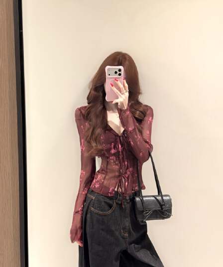 프랑스식 레트로 낭만주의 꽃무늬 프릴 시폰 셔츠 여성 이른 가을 긴팔 레이스업 V넥 마이크로 ~을 통해 분위기 센스 맨위