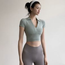 批发人棉260克#健身短款专业训练服普拉提瑜伽短袖女性感露脐修身跑步