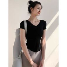 批发人棉260克#瑜伽普拉提训练服紧身弹力T恤女夏季薄款运动健身衣