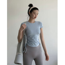 批发人棉260克#瑜伽服速干绑带抽绳健身服弹力紧身显瘦运动短袖T恤女