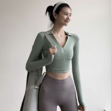 批发抖店质量人棉260克运动T恤衫休闲跑步长袖短款露脐健身瑜珈上衣