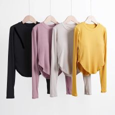 批发人棉260克#瑜伽运动健身T恤衫女百搭训练舞蹈长袖上衣女