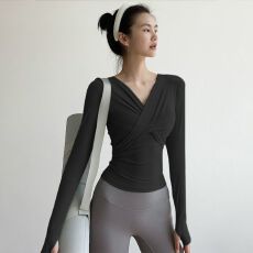 批发抖店质量人棉260克 运动修身显瘦V领长袖T恤衫女透气健身上衣