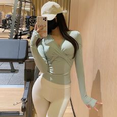 批发抖店质量人棉260克 运动修身显瘦V领长袖T恤衫女透气健身上衣