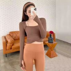 批发人棉260克# 网红辣妹瑜伽运动百搭T恤衫户外晨跑修身型