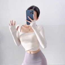 批发人棉260克# 网红辣妹瑜伽运动百搭T恤衫户外晨跑修身型