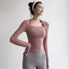 批发人棉260克#修身长袖瑜伽服女专业训练健身运动速干T恤衫