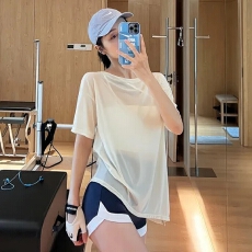 批发网纱宽松运动跑步上衣女跑步训练罩衫开叉显瘦瑜伽服快干健身短袖