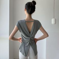 批发人棉200克#美背瑜伽上衣女外穿弹力短袖T恤衫修身显瘦运动健身服