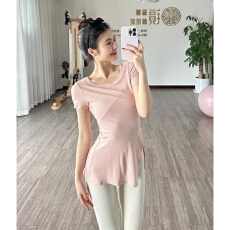 批发人棉260克#修身开叉运动上衣瑜伽服遮肉显瘦休闲跑步健身短袖t恤