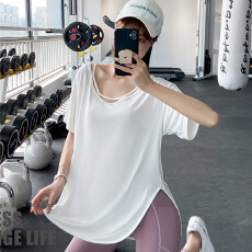 批发人棉200克#健身T恤女薄款透气速干训练跑步运动毽子服宽松瑜伽衣