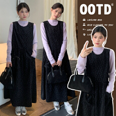 批发实货孕妇秋冬温柔气质灯芯绒碎花背心背带连衣裙两件套装