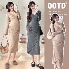 批发实拍现~<b class='q'>孕妇装</b>秋季新款长袖<b class='q'>修身</b>气质针织弹力褶皱设计感连衣裙