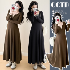 批发实拍 <b class='q'>孕妇装</b>春季长袖纯棉高级感<b class='q'>修身</b>遮肉显瘦A字大裙摆长裙