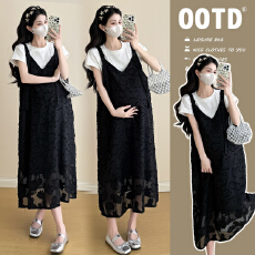 批发实拍孕妇装夏季连衣裙套装宽松大码提花背带连衣裙<b class='q'>两件套</b>