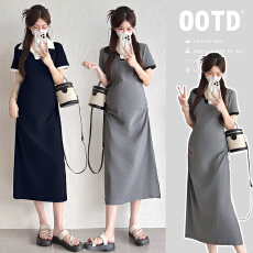 批发实拍孕妇夏季短袖翻领气质修身显瘦开叉弹力中长款连衣裙