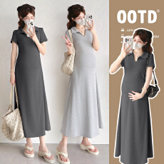 批发实拍现孕妇夏季短袖翻领纯棉T恤连衣裙修身显瘦抽褶设计感弹力裙